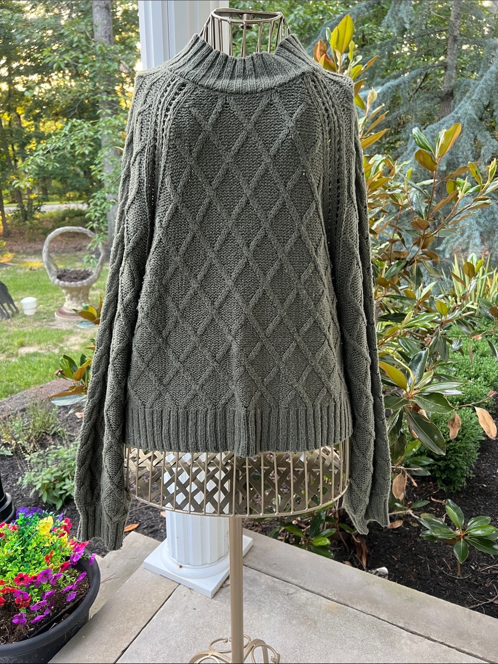 American Eagle Outfitters Olive Cable Knit Mock Neck Sweater